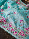 Banarasee Handloom Pure Tussar Silk Saree With Resham Embroidery-Powder Blue