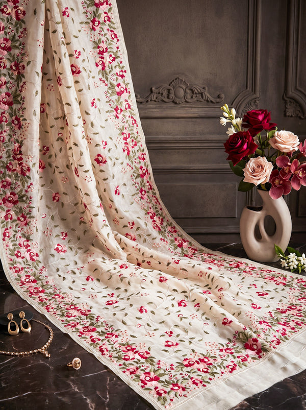 Banarasee Handloom Pure Tussar Silk Saree With Resham Embroidery-Cream