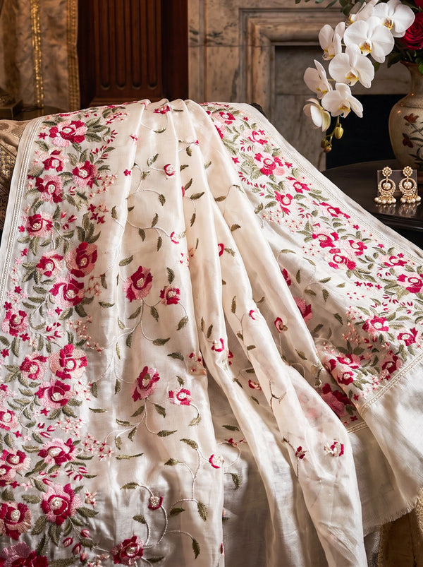 Banarasee Handloom Pure Tussar Silk Saree With Resham Embroidery-Cream