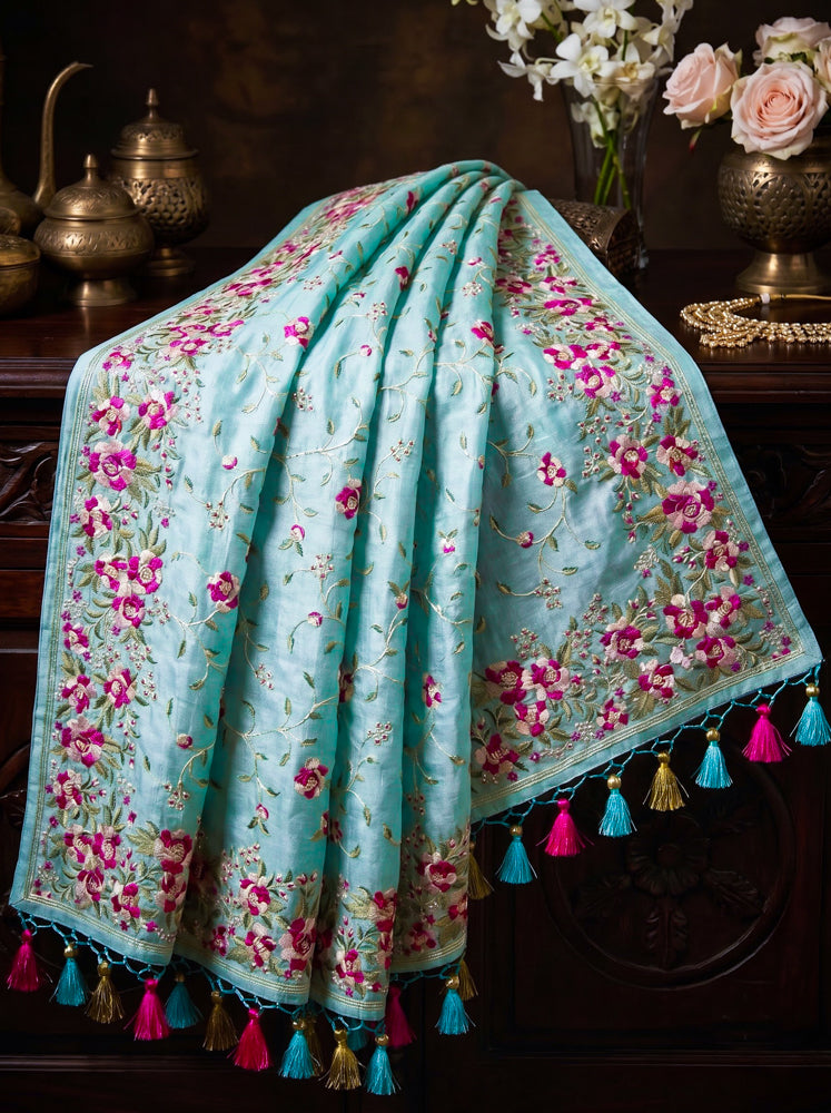 Banarasee Handloom Pure Tussar Silk Saree With Resham Embroidery-Powder Blue