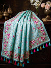 Banarasee Handloom Pure Tussar Silk Saree With Resham Embroidery-Powder Blue