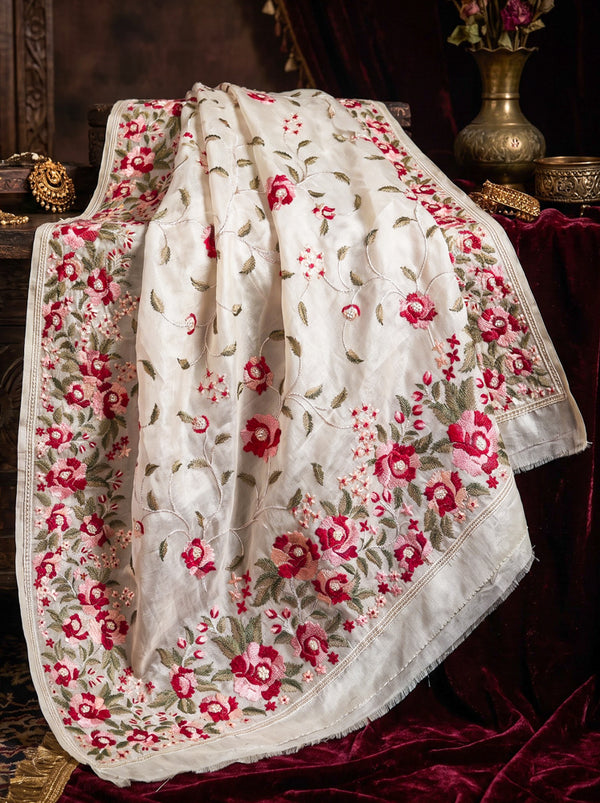 Banarasee Handloom Pure Tussar Silk Saree With Resham Embroidery-Cream