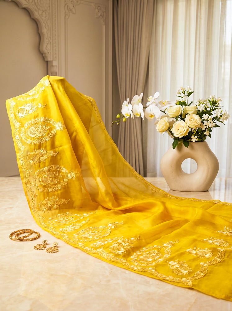 Banarasee Pure Organza Silk Saree With Floral Resham Embroidery-Yellow