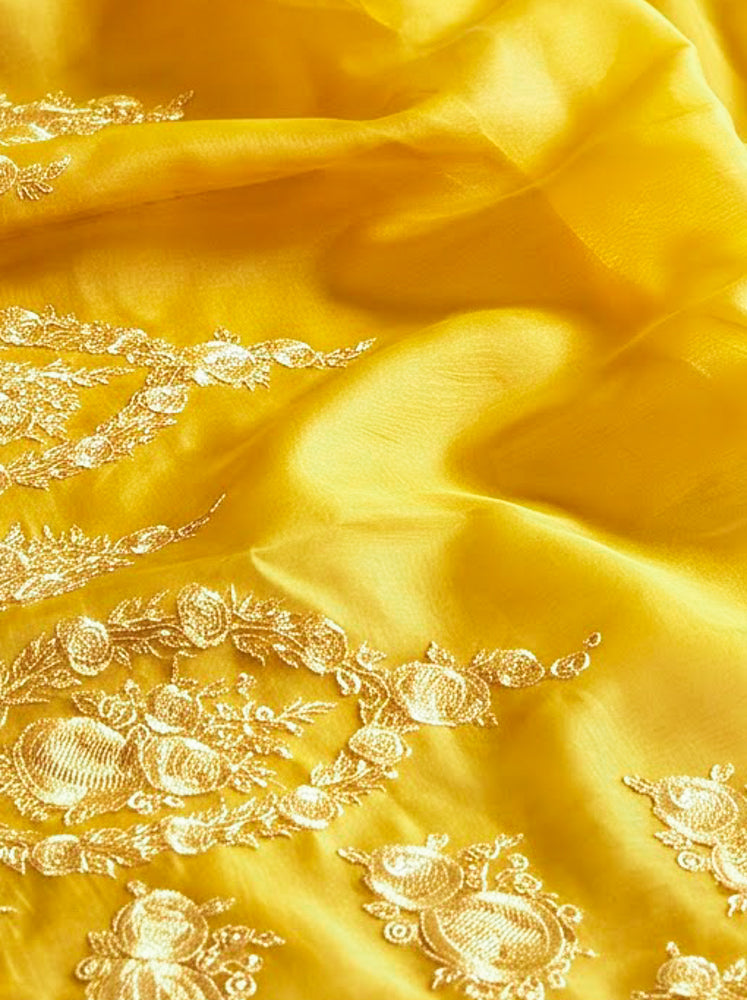 Banarasee Pure Organza Silk Saree With Floral Resham Embroidery-Yellow