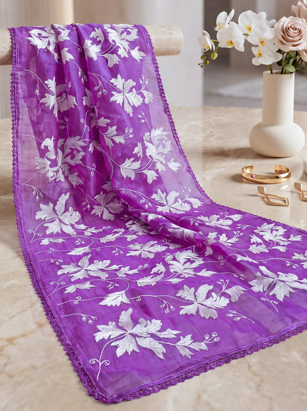 Banarasee Pure Organza Silk Saree With Resham & Zari Embroidery-Light Purple