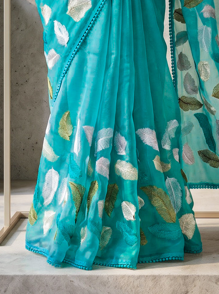 Banarasee Pure Organza Silk Saree With Resham Embroidery-Aqua Blue