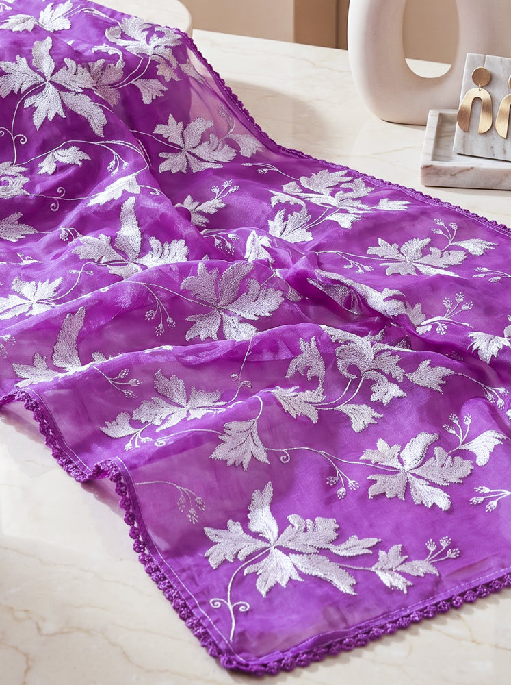 Banarasee Pure Organza Silk Saree With Resham & Zari Embroidery-Light Purple