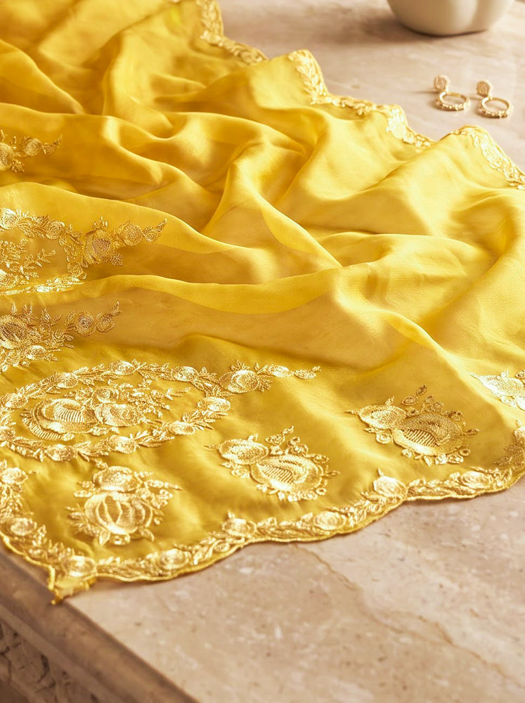 Banarasee Pure Organza Silk Saree With Floral Resham Embroidery-Yellow