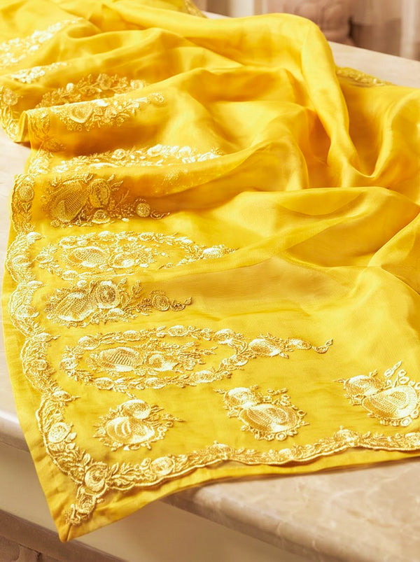 Banarasee Pure Organza Silk Saree With Floral Resham Embroidery-Yellow