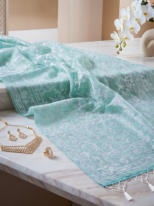 Banarasee Pure Organza Silk Saree With Resham Embroidery-Mint Blue
