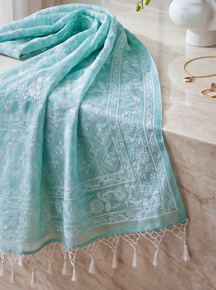 Banarasee Pure Organza Silk Saree With Resham Embroidery-Mint Blue
