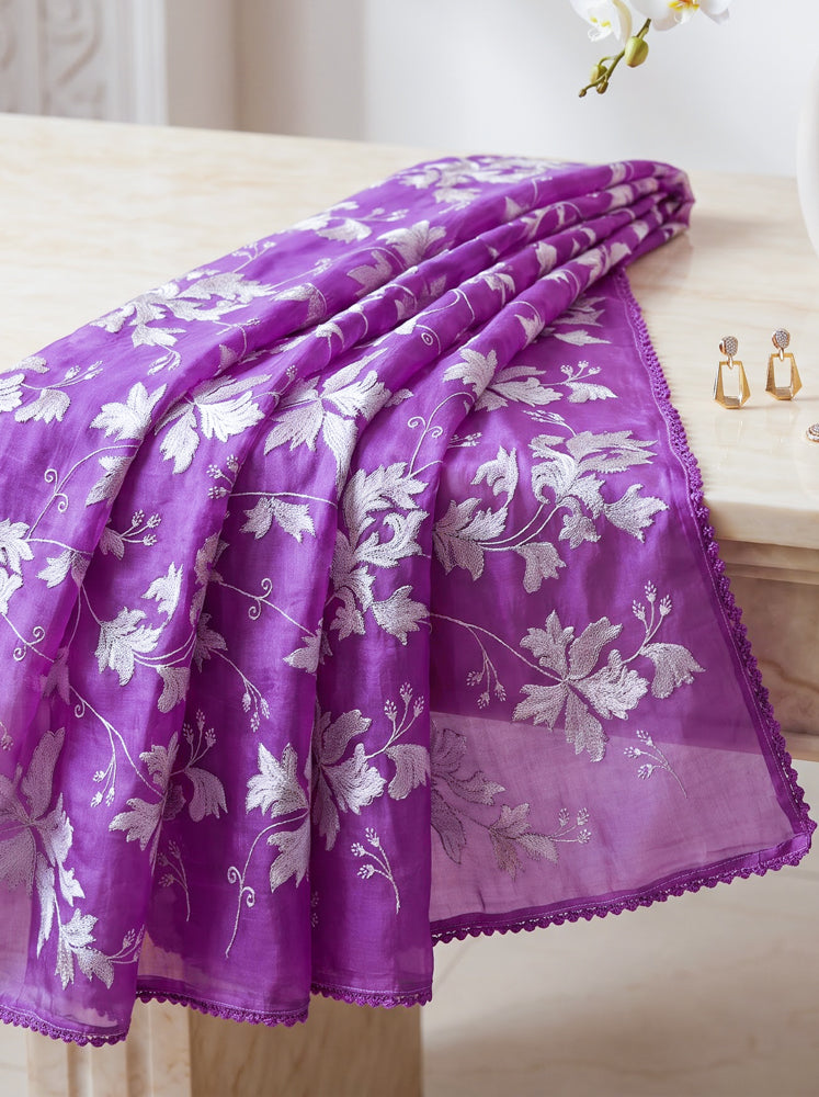 Banarasee Pure Organza Silk Saree With Resham & Zari Embroidery-Light Purple