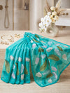 Banarasee Pure Organza Silk Saree With Resham Embroidery-Aqua Blue