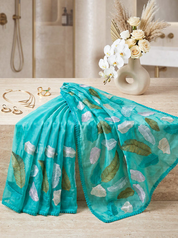 Banarasee Pure Organza Silk Saree With Resham Embroidery-Aqua Blue