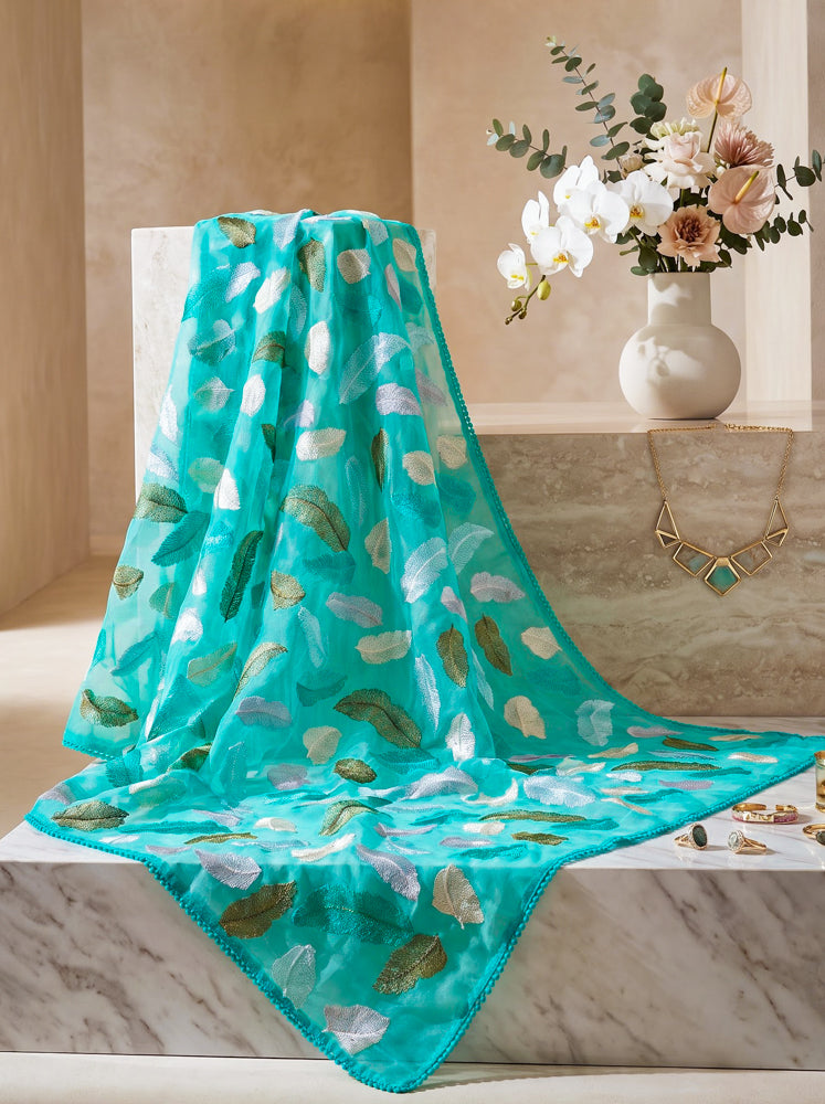 Banarasee Pure Organza Silk Saree With Resham Embroidery-Aqua Blue