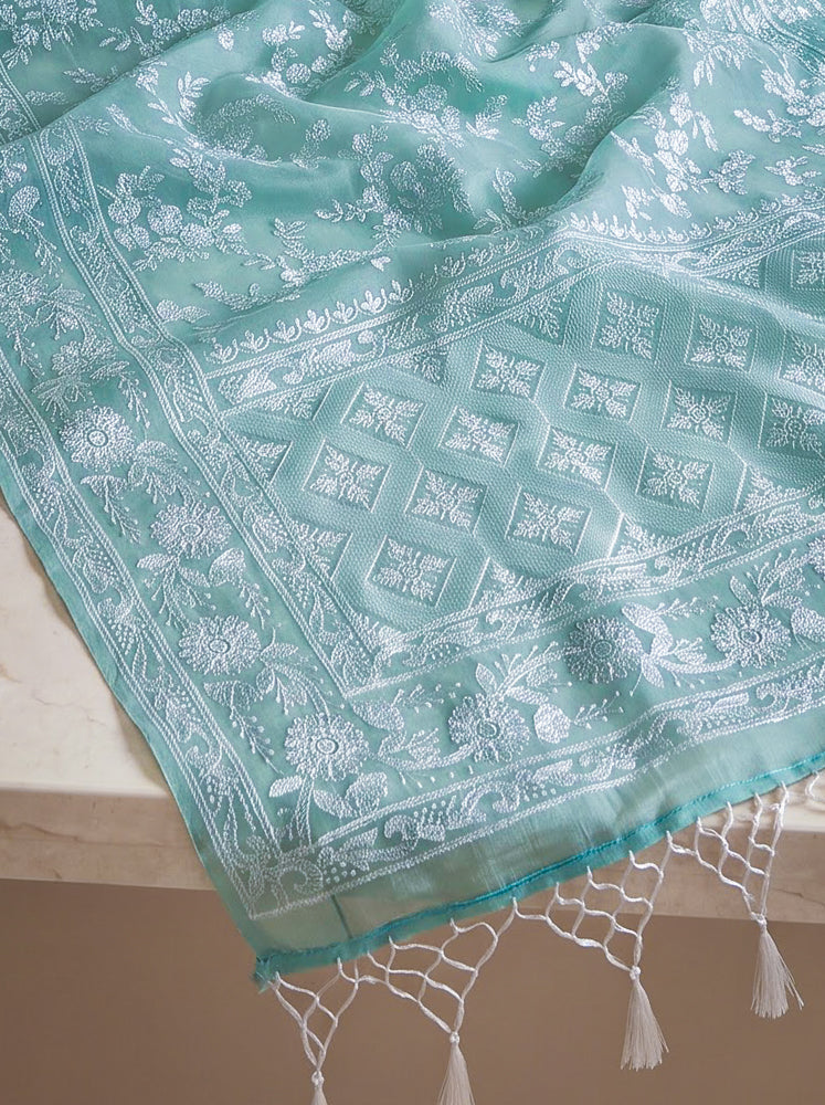 Banarasee Pure Organza Silk Saree With Resham Embroidery-Mint Blue