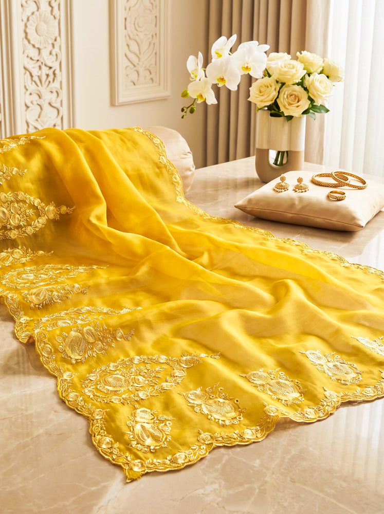 Banarasee Pure Organza Silk Saree With Floral Resham Embroidery-Yellow