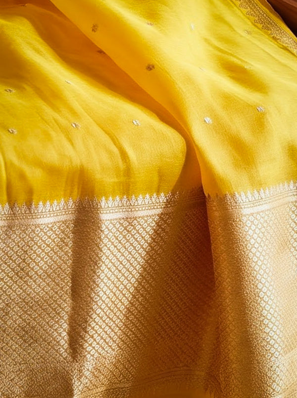 Banarasee Pure Organza Silk Saree With Zari Buti Design-Yellow