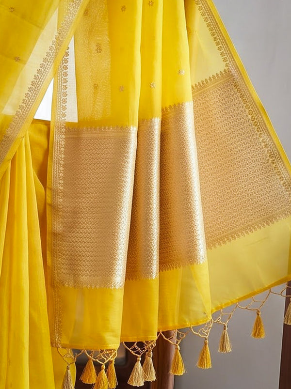 Banarasee Pure Organza Silk Saree With Zari Buti Design-Yellow