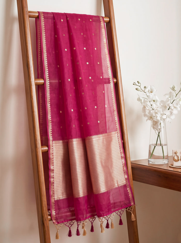 Banarasee Pure Organza Silk Saree With Zari Buti Design-Pink