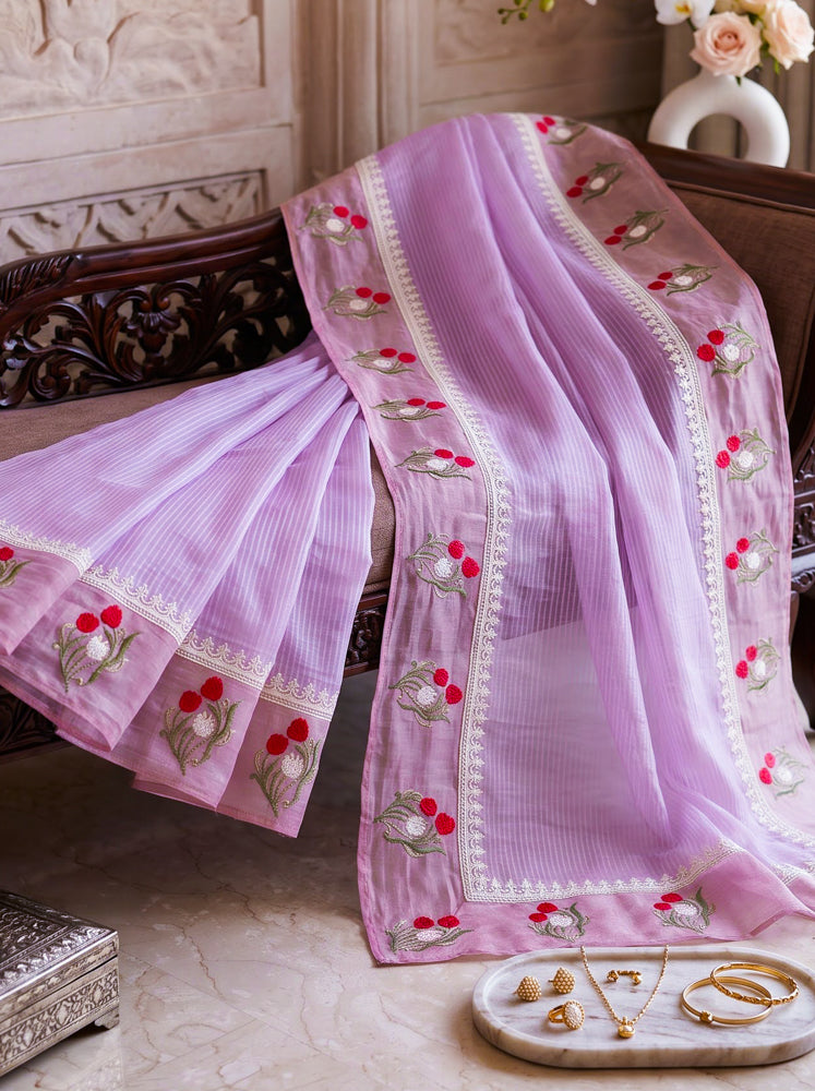 Banarasee Pure Tissue Silk Saree With Stripe Pattern & Resham Embroidered Border-Light Pink
