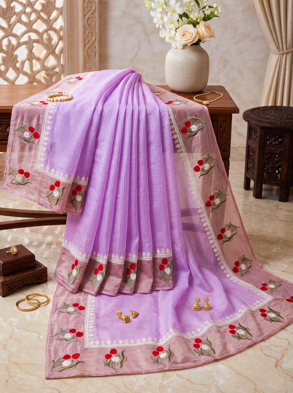 Banarasee Pure Tissue Silk Saree With Stripe Pattern & Resham Embroidered Border-Light Pink