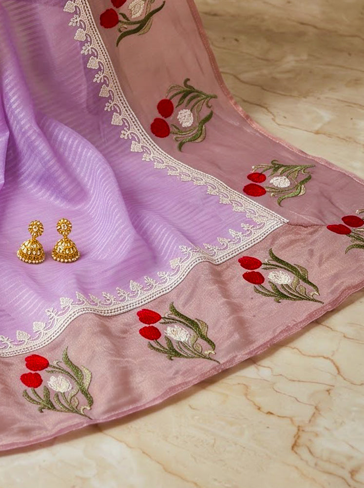 Banarasee Pure Tissue Silk Saree With Stripe Pattern & Resham Embroidered Border-Light Pink