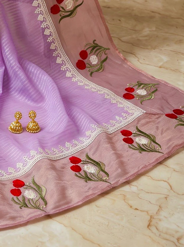 Banarasee Pure Tissue Silk Saree With Stripe Pattern & Resham Embroidered Border-Light Pink