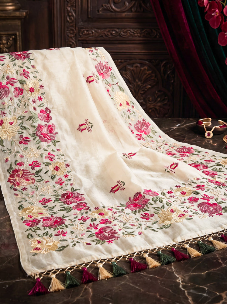Banarasee Handloom Pure Tussar Silk Saree With Resham Embroidery-Cream