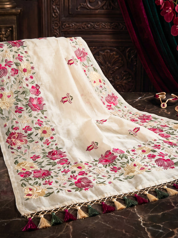 Banarasee Handloom Pure Tussar Silk Saree With Resham Embroidery-Cream