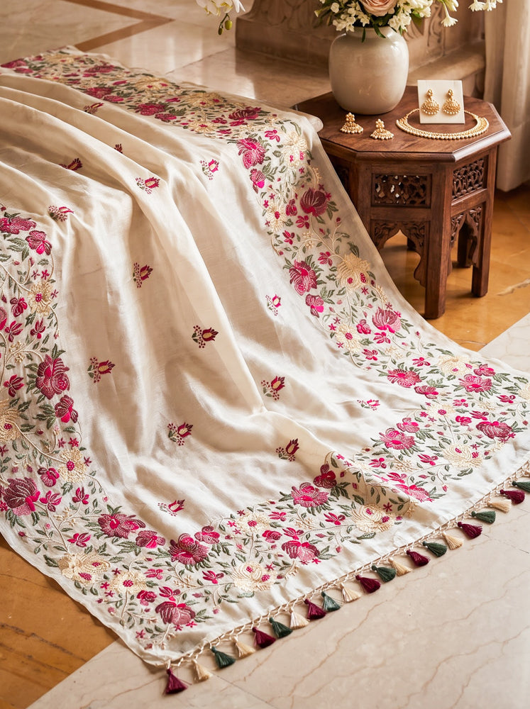 Banarasee Handloom Pure Tussar Silk Saree With Resham Embroidery-Cream