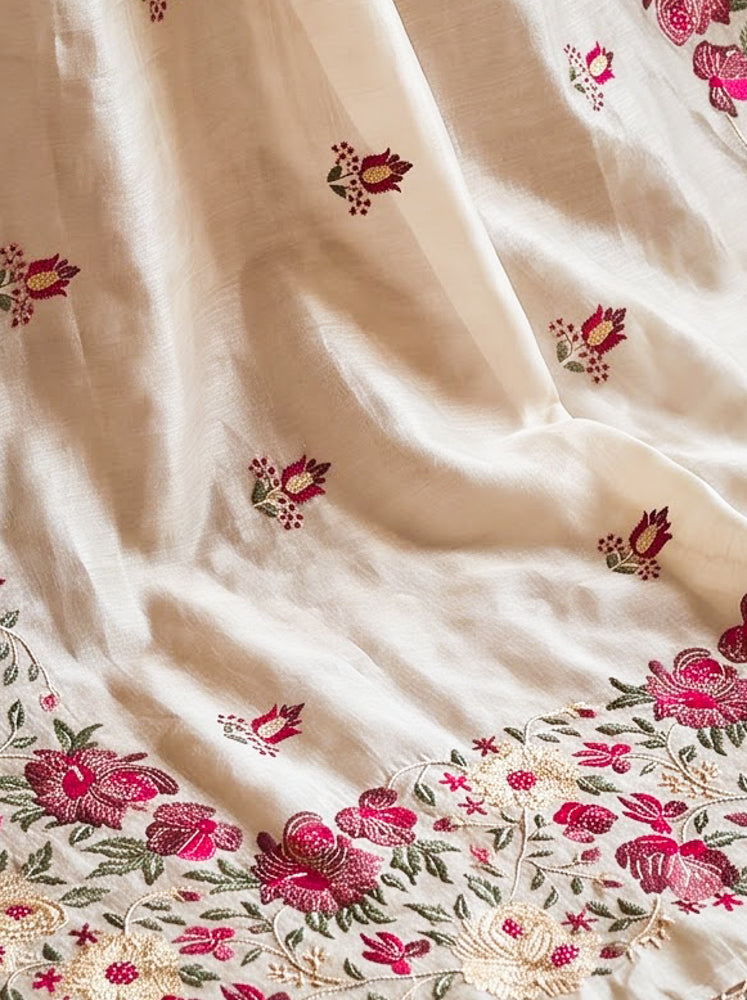 Banarasee Handloom Pure Tussar Silk Saree With Resham Embroidery-Cream