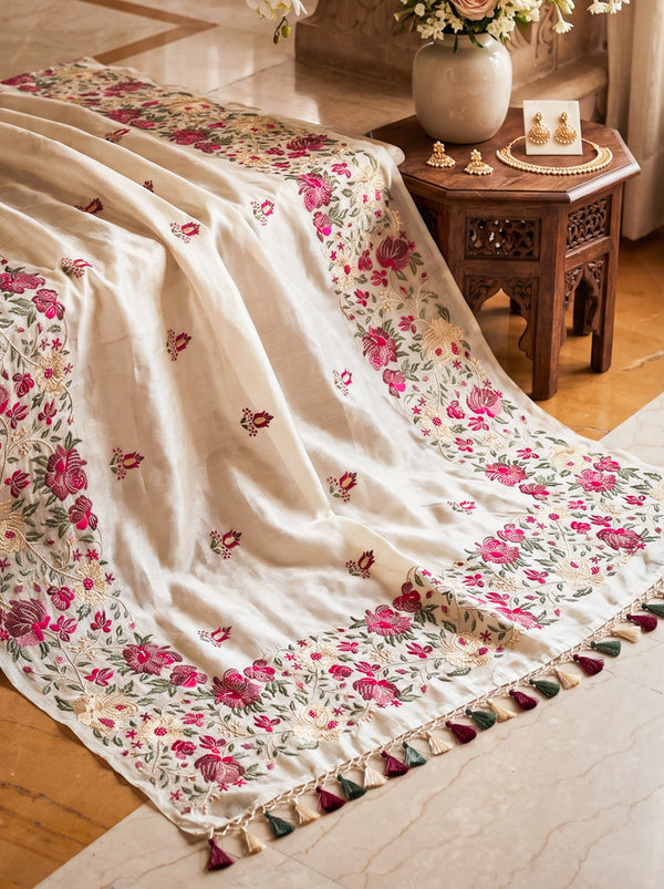 Banarasee Handloom Pure Tussar Silk Saree With Resham Embroidery-Cream