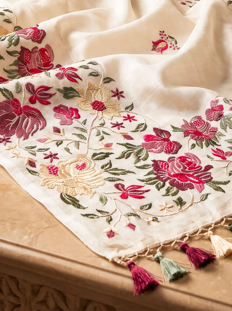 Banarasee Handloom Pure Tussar Silk Saree With Resham Embroidery-Cream
