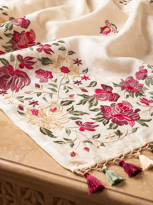 Banarasee Handloom Pure Tussar Silk Saree With Resham Embroidery-Cream