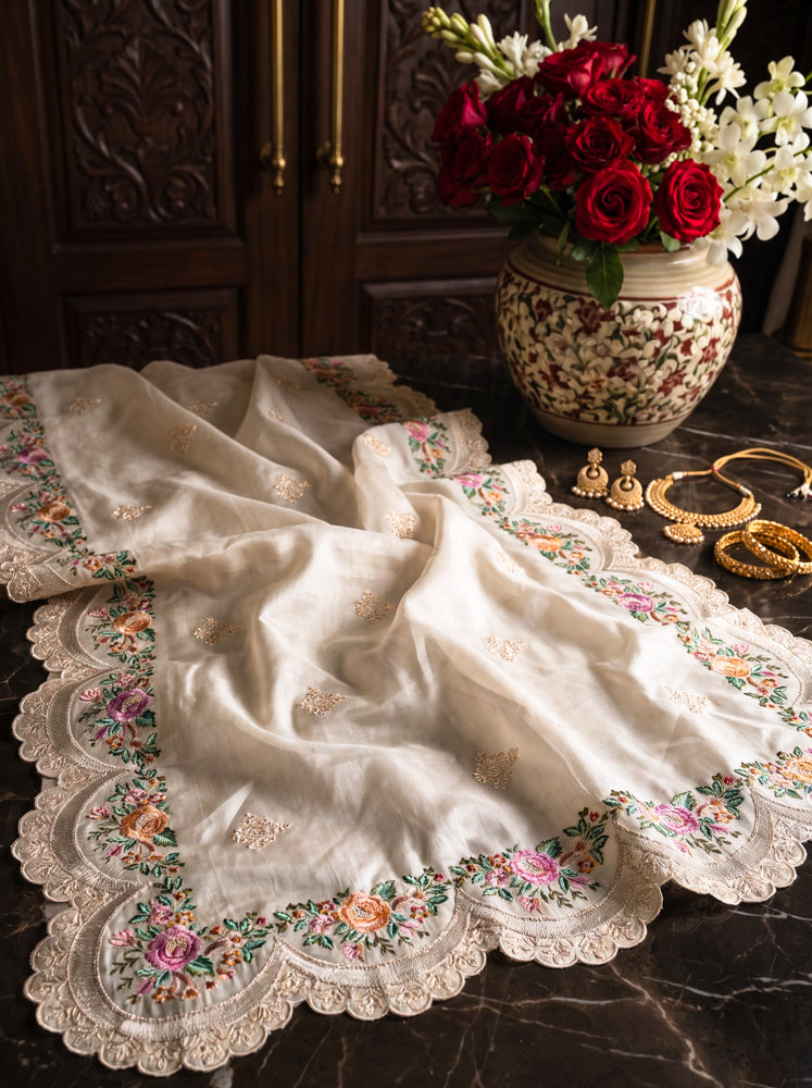 Banarasee Handloom Pure Tussar Silk Saree With Resham Embroidery-Cream