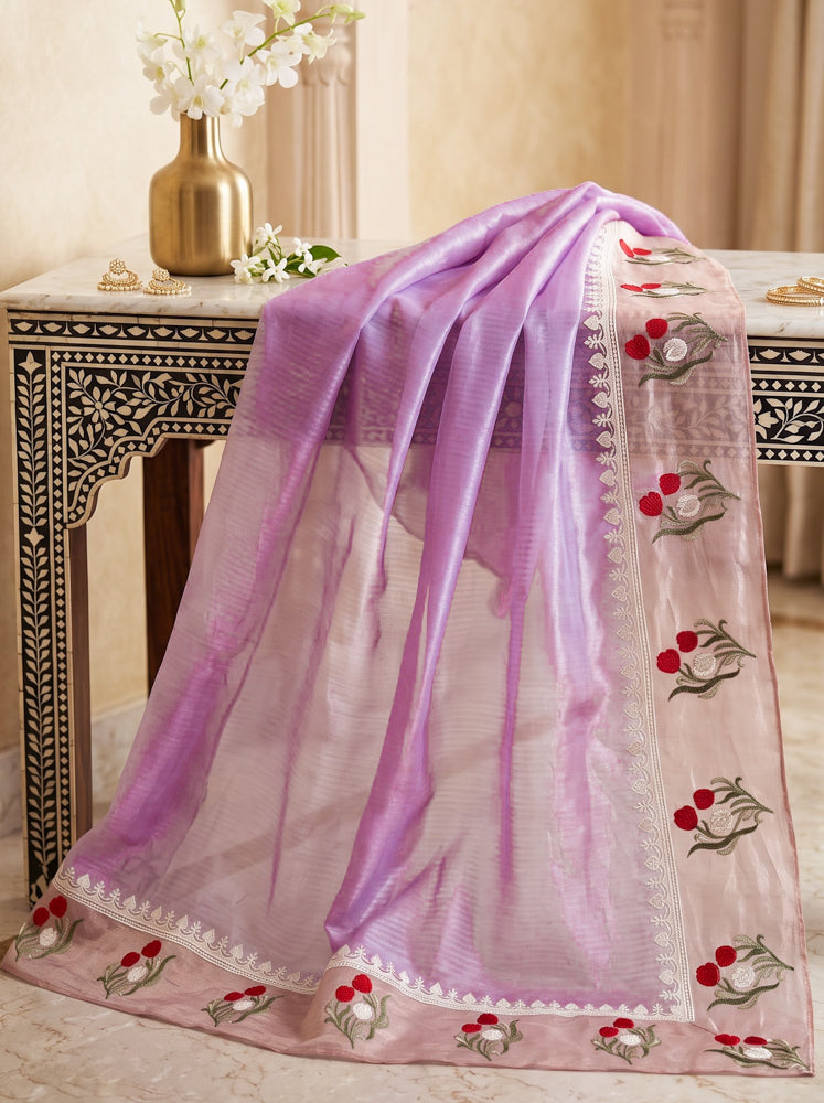 Banarasee Pure Tissue Silk Saree With Stripe Pattern & Resham Embroidered Border-Light Pink