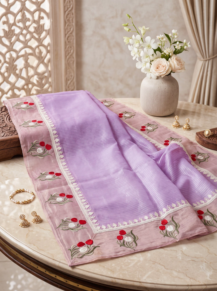 Banarasee Pure Tissue Silk Saree With Stripe Pattern & Resham Embroidered Border-Light Pink