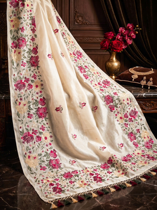 Banarasee Handloom Pure Tussar Silk Saree With Resham Embroidery-Cream
