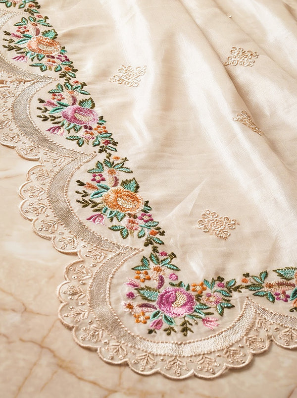 Banarasee Handloom Pure Tussar Silk Saree With Resham Embroidery-Cream