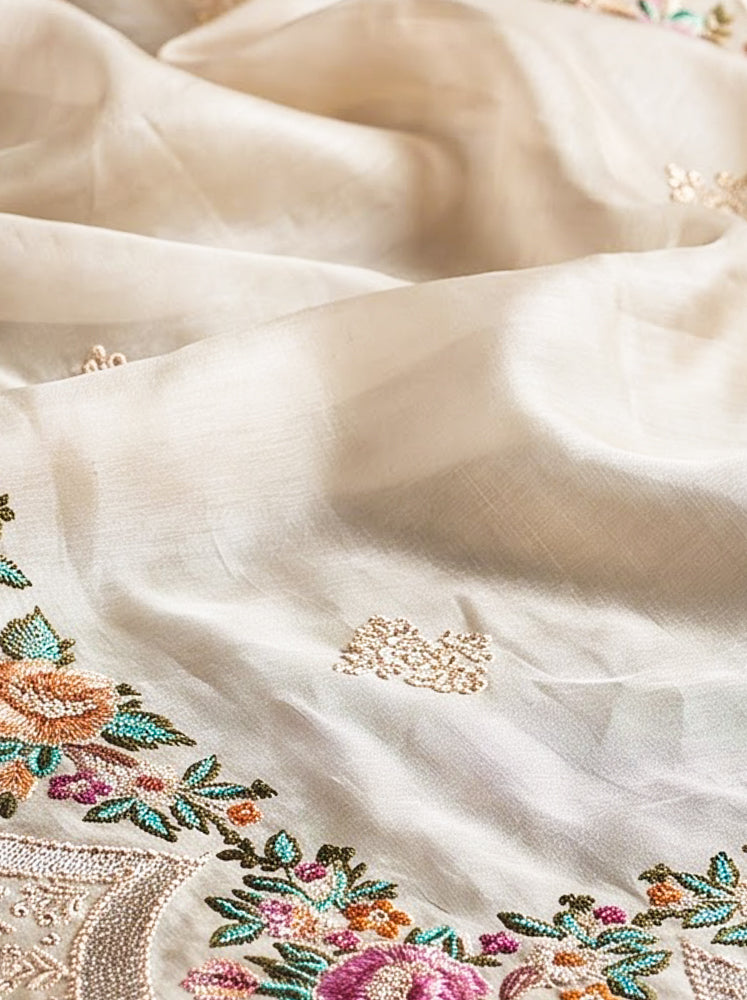 Banarasee Handloom Pure Tussar Silk Saree With Resham Embroidery-Cream