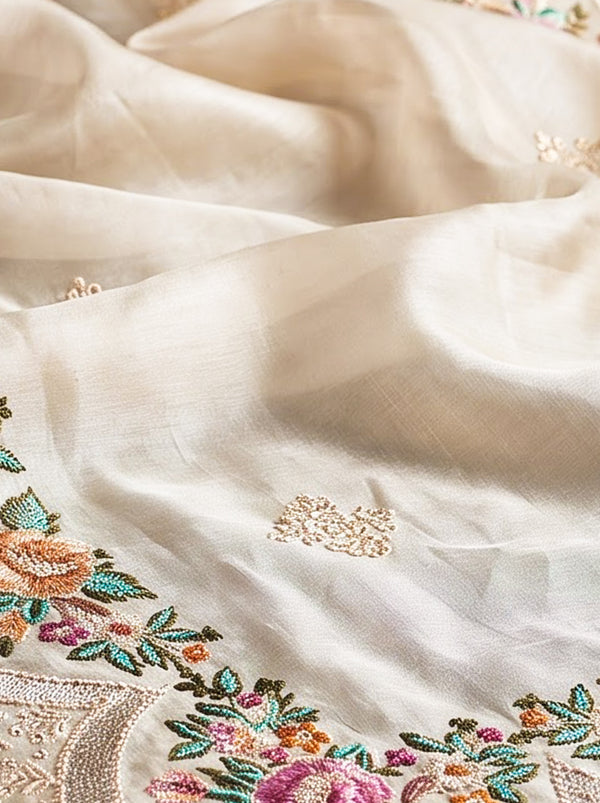 Banarasee Handloom Pure Tussar Silk Saree With Resham Embroidery-Cream