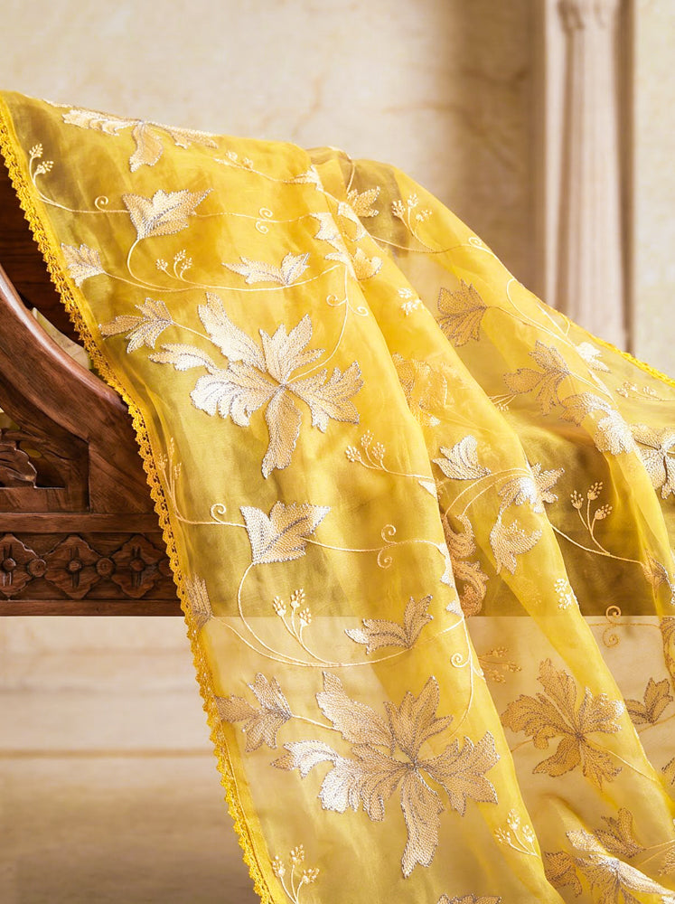Banarasee Pure Organza Silk Saree With Resham & Zari Embroidery-Yellow