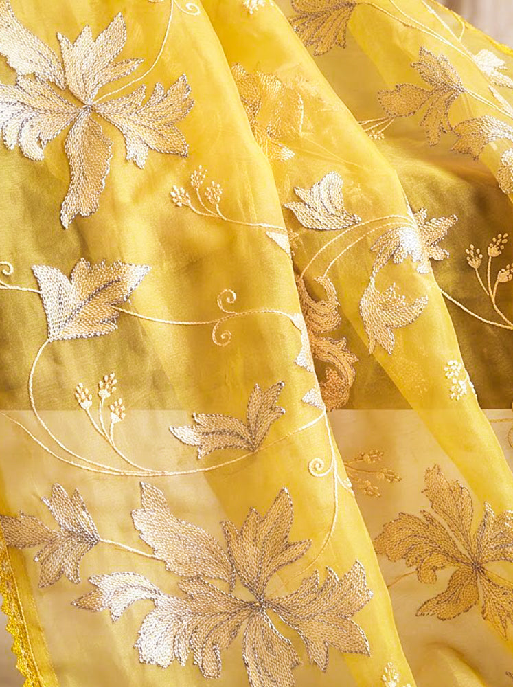 Banarasee Pure Organza Silk Saree With Resham & Zari Embroidery-Yellow