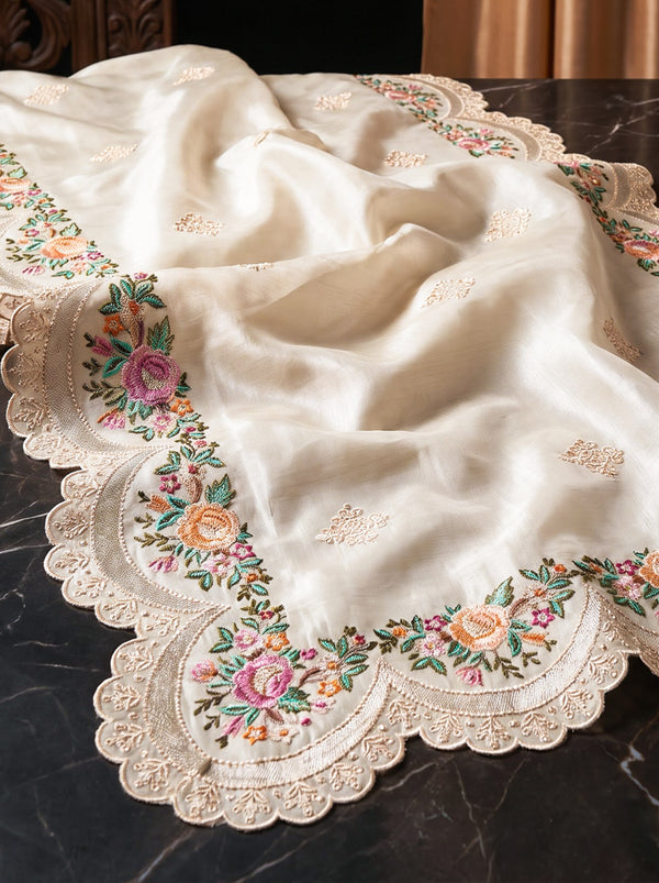 Banarasee Handloom Pure Tussar Silk Saree With Resham Embroidery-Cream