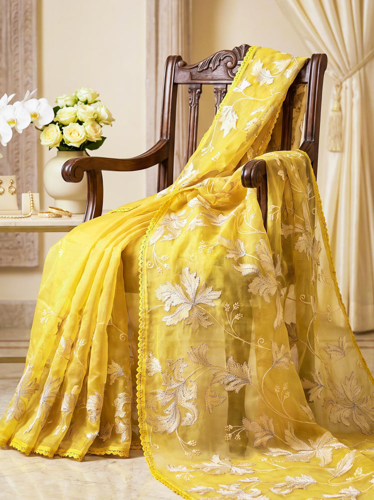 Banarasee Pure Organza Silk Saree With Resham & Zari Embroidery-Yellow