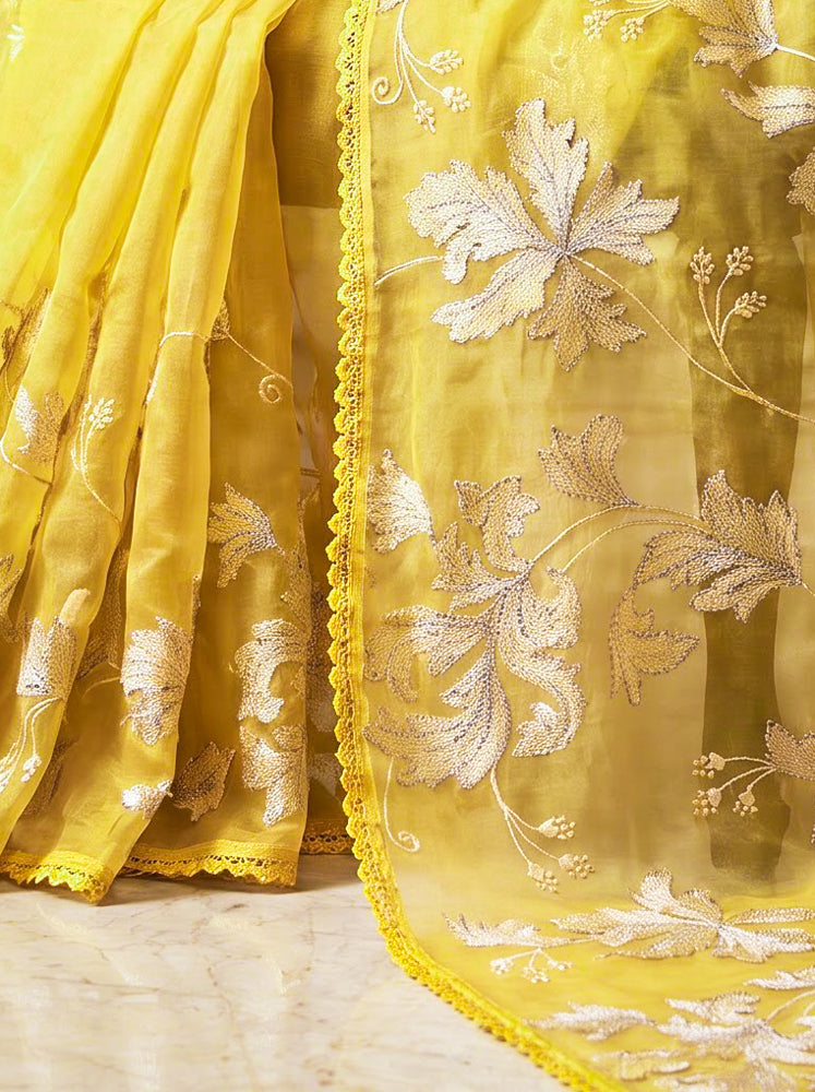 Banarasee Pure Organza Silk Saree With Resham & Zari Embroidery-Yellow