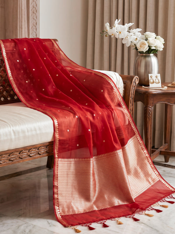 Banarasee Pure Organza Silk Saree With Zari Buti Design-Maroon