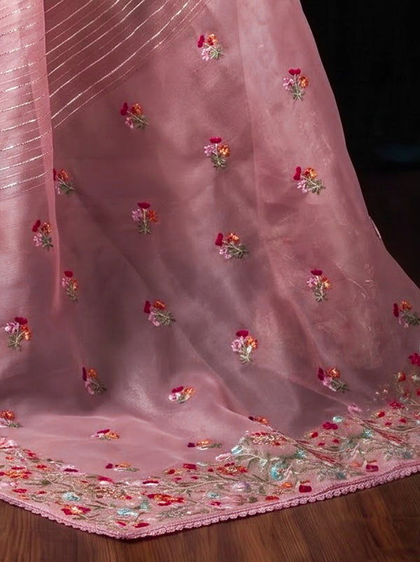 Banarasee Pure Tissue Silk Saree With Stripe Pattern & Resham Embroidered Border-Dusty Pink