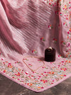 Banarasee Pure Tissue Silk Saree With Stripe Pattern & Resham Embroidered Border-Dusty Pink